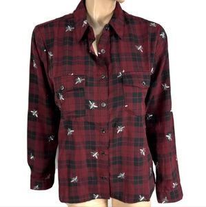 Nanette Lepore Plaid/Embroidered Bee Button Up